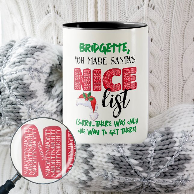 Namn på den fina jultomten i Naughty List Mugg (Funny Christmas Mug with Naughty spelled over and over to add someone to Santa's Nice List)