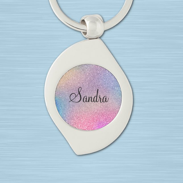 Namn på Glitter-utskriften Colorful Rainbow Swirl Silverfärgad Nyckelring (Skapare uppladdad)
