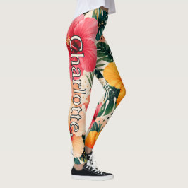 Namn på livlig tropisk hibiskus blomster mönster leggings