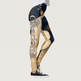 Namn på marinblå och guld botanisk blommig mönster leggings