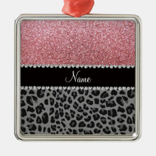 Namn pastel rosa glitter svartleopard julgransprydnad metall