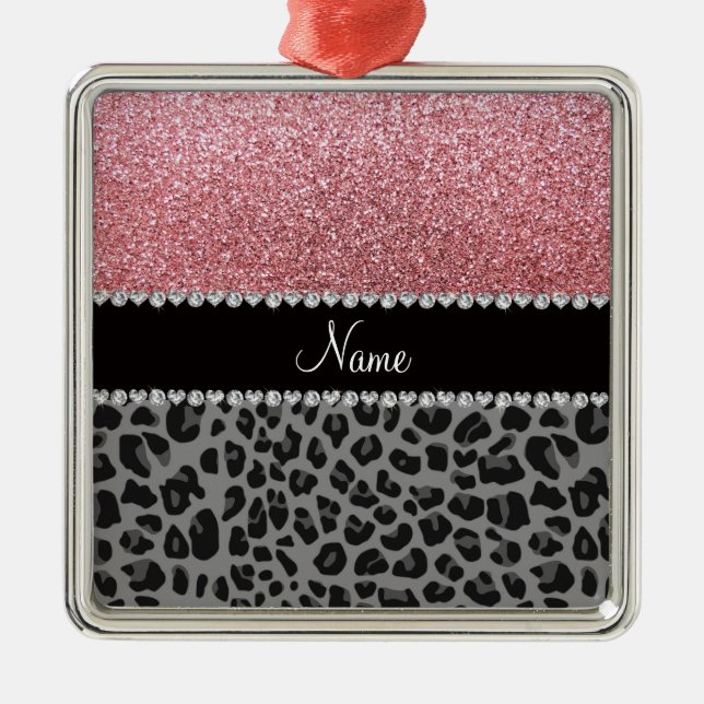 Namn pastel rosa glitter svartleopard julgransprydnad metall (Framsidan)