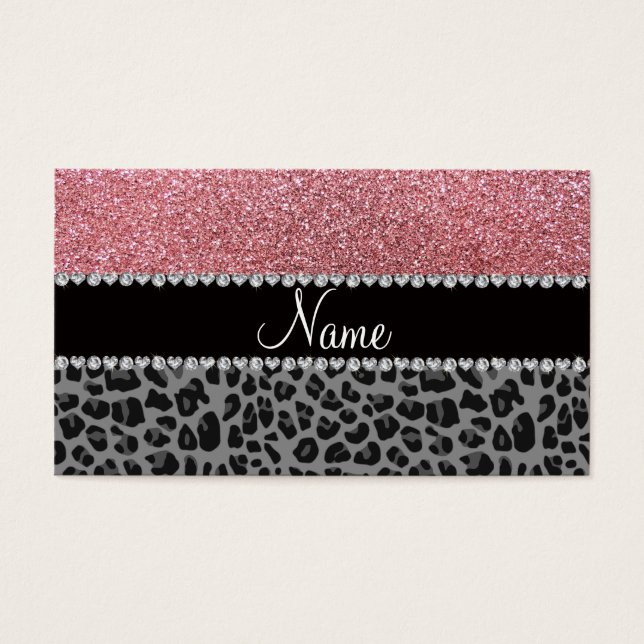 Namn pastel rosa glitter svartleopard visitkort (Framsidan)