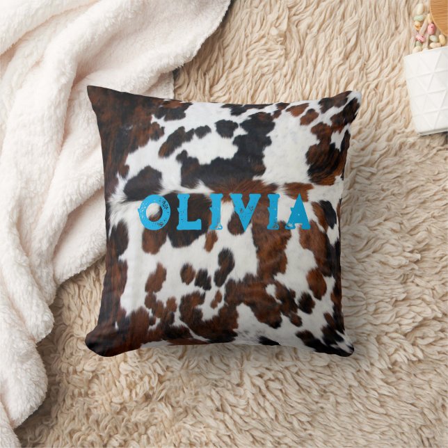Namn Patchwork Cowhide Print Western Rustic Blue Kudde (Filt)
