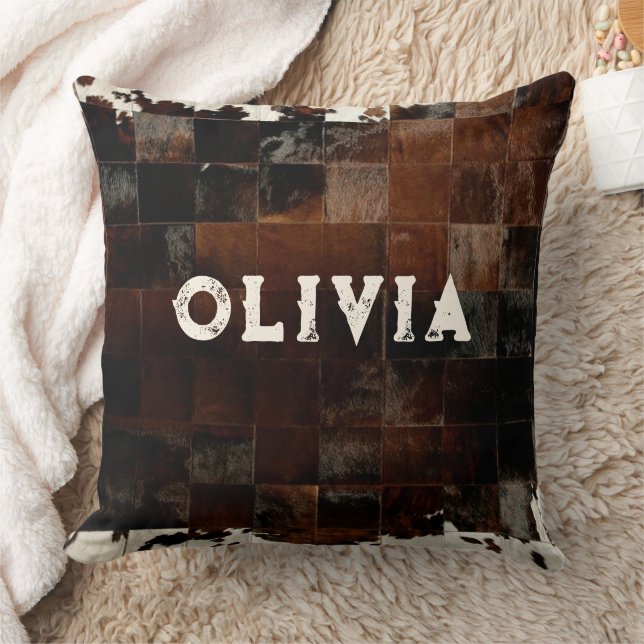 Namn Patchwork Cowhide Print Western Rustic Farm Kudde (Filt)