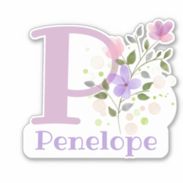 Namn Penelope plus Initial med Blommig Design Klistermärken