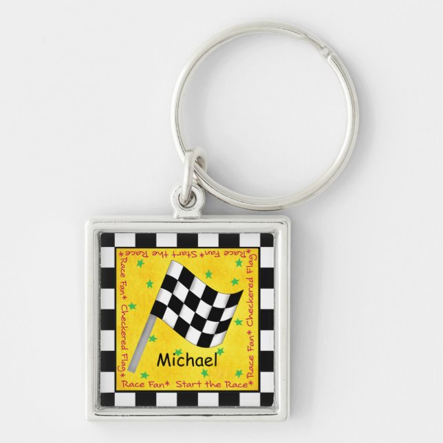 Namn Personalizd Black White Checkated Flagga Fyrkantig Silverfärgad Nyckelring (Framsidan)
