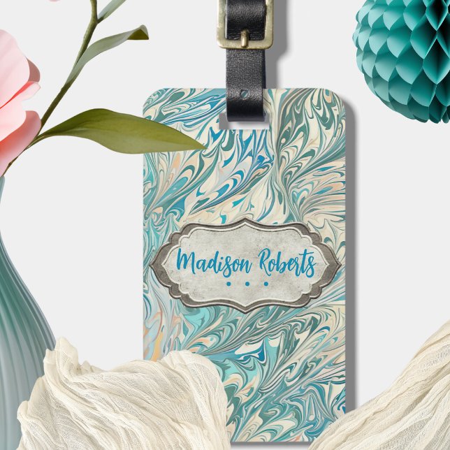 Namn Personlig Teal & Fawn Marble Geode Bagagebricka (Skapare uppladdad)