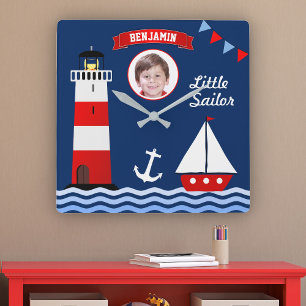 Namn Photo Nautical Kids Room i fyr-segelbåten Fyrkantig Klocka