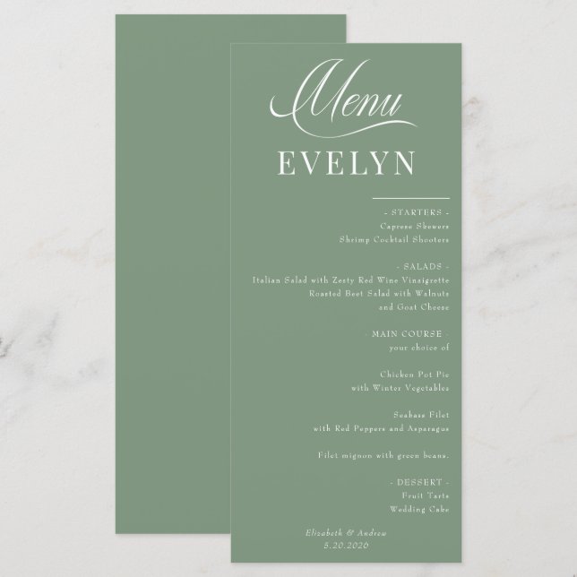 Namn-platskort | Bröllop Menu Meny (Fram/baksida)