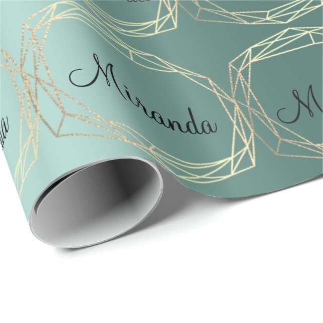 Namn Polygonal Teal Grönt Champaigne Guld Diamond Presentpapper (Rullad Hörn)