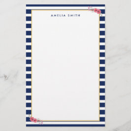 Namn Preppy Chic Blue Rand Rosa Flowers Brevpapper