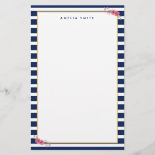 Namn Preppy Chic Blue Rand Rosa Flowers Brevpapper