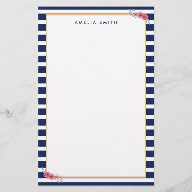 Namn Preppy Chic Blue Rand Rosa Flowers Brevpapper (Framsida)