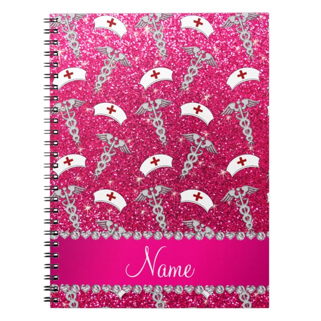 Namn rosa glitter sjuksköterska med silver caduceu anteckningsbok (Framsidan)