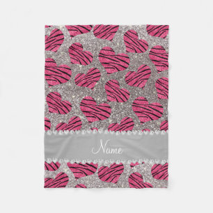 Namn rosa hjärta silver glitter zebra ränder fleecefilt