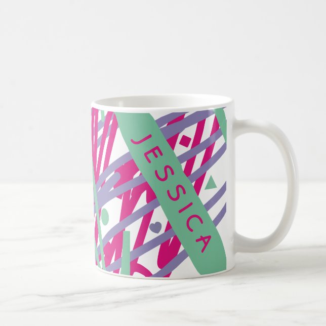 Namn Rosa Lila Teal Shapes Candy Linjer Abstrakt Kaffemugg (Höger)