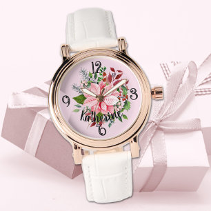 Namn, Rosa Poinsettia Bouquet Vitt Läder Kvinnas Armbandsur