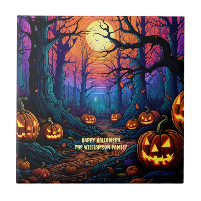 Namn Sentiment Spooky Halloween Pumpkin Kakelplatta (Framsidan)
