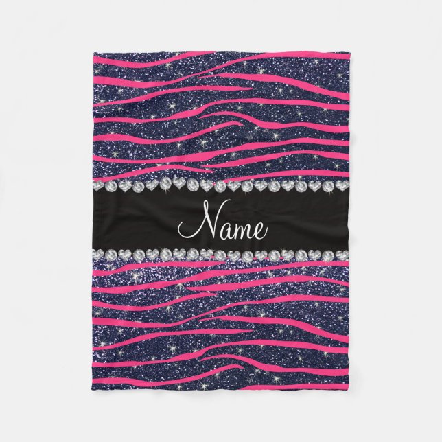 Namn shock rosa zebra ränder, marinblått glitter fleecefilt (Framsidan)