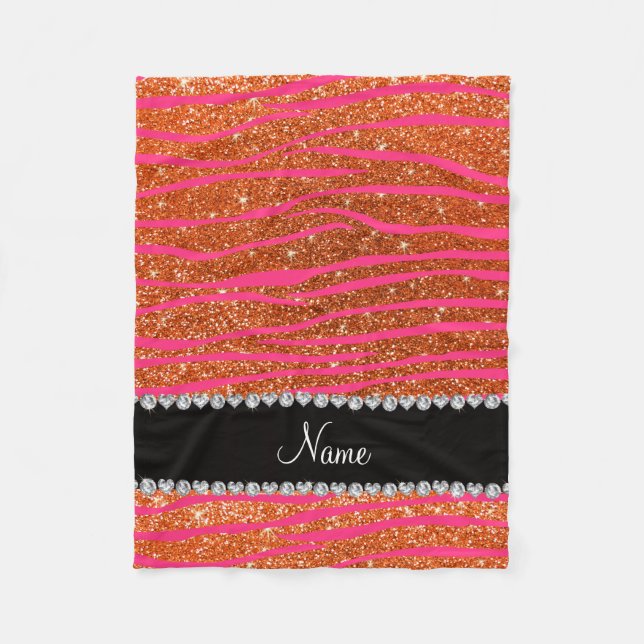 Namn shock rosa zebra ränder orange glitter fleecefilt (Framsidan)
