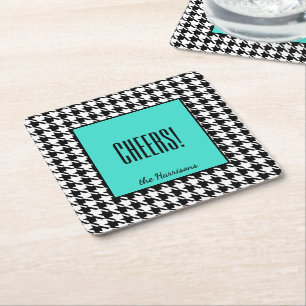 Namn & Skål! Turkos Svart Vit Houndstooth 6 Underlägg Papper Kvadrat