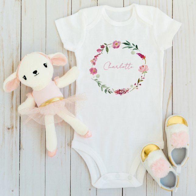 Namn Skript Babyflicka Vattenfärg Blommig Rosa T Shirt (Baby Bodysuit)