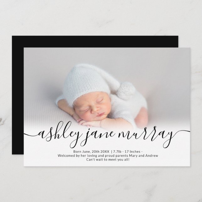 Namn-skript, hjärtfoto svart neutralt baby födelse meddelande (Fram/baksida)