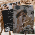 Namn skript ram black 4 foto alla i 1 bröllop inbjudningar<br><div class="desc">En modern inbjudan, chic och elegant bröllop med geometriskt vitt ram och manusskript namn med en handskriven kalligrafi i svartvitt med ett svart överlägg framtill för att lägga till ditt foto och ytterligare tre foton bakifrån. Modern allt i en bröllopsinbjudan med osa, detaljer, logi och qr-kod. Hela texten, namn och...</div>