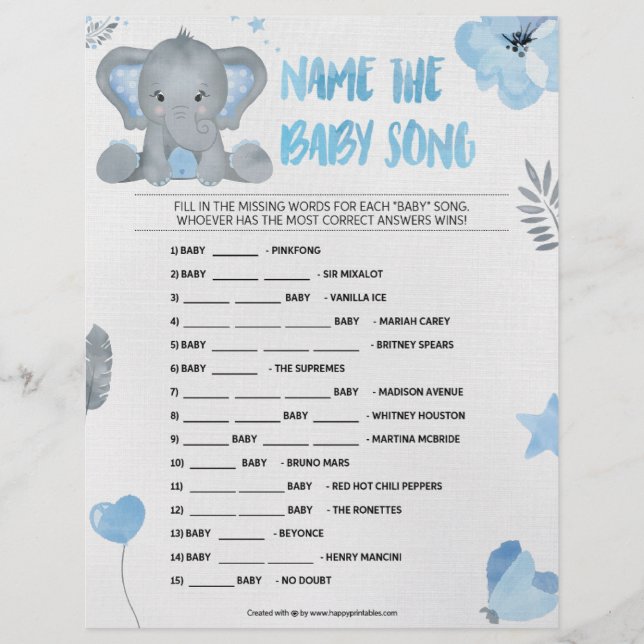 Namn som Baby Sång [Baby Elephant [Blue] Brevhuvud (Framsida)