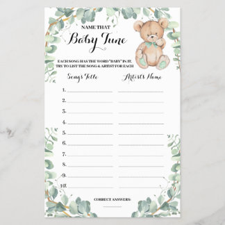 Namn som Baby Tune Bear Greenery Shower Game Card Flygblad