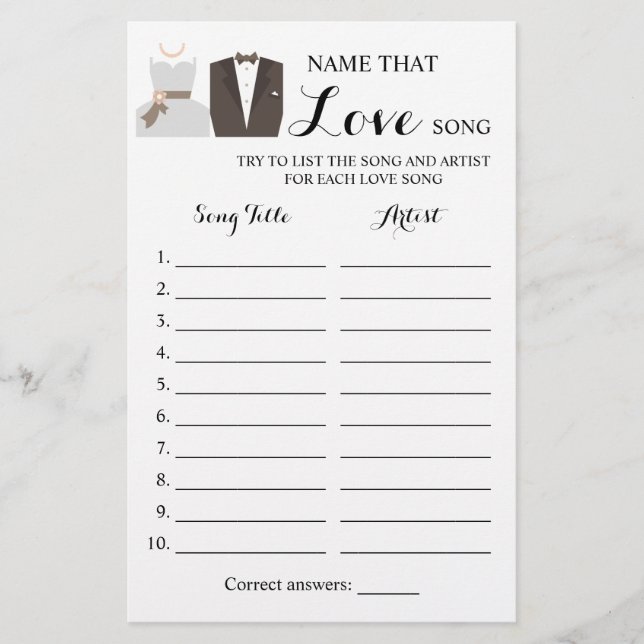 Namn som Kärlek Sång Bride & Groom Game Card Flygblad (Framsidan)