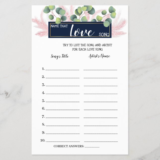 Namn som Kärlek Sång Pampas Grass Shower Game Card Flygblad (Framsidan)