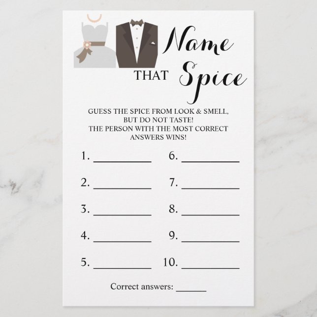 Namn som Spice Bride & Groom Game Card Flygblad (Framsidan)