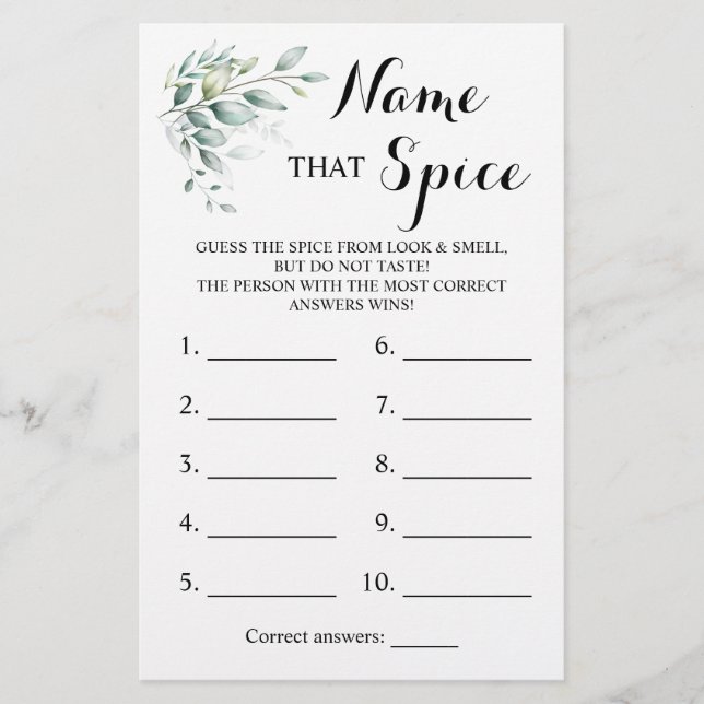 Namn som Spice Greenery Eucalyptus Game Card Flygblad (Framsidan)