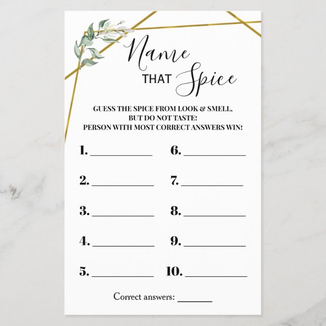 Namn som Spice Grey Guld Shower-spelkort Flygblad (Framsidan)