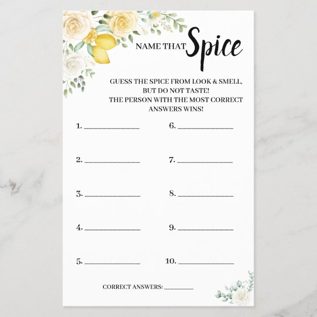 Namn som Spice Lemon&Ro BridalShower-spelkort Flygblad (Framsidan)