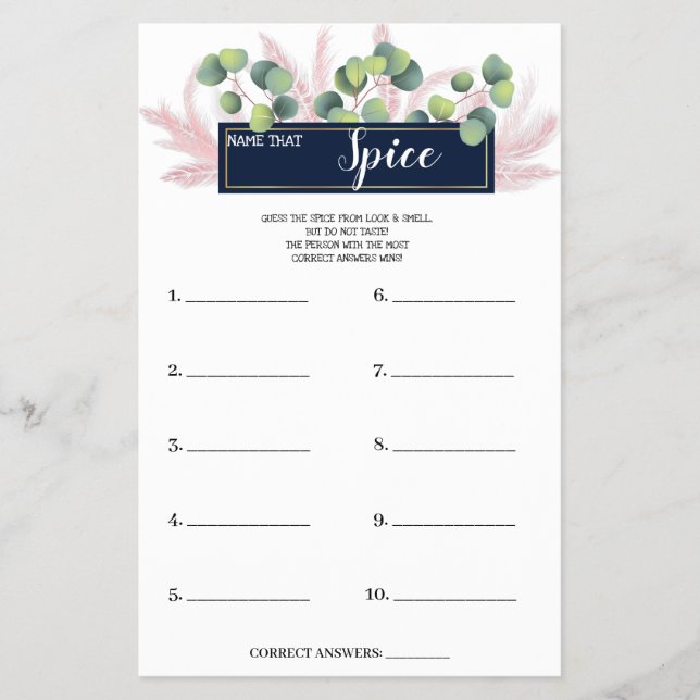 Namn som Spice PampasGrass BridalShower-spelkort Flygblad (Framsidan)