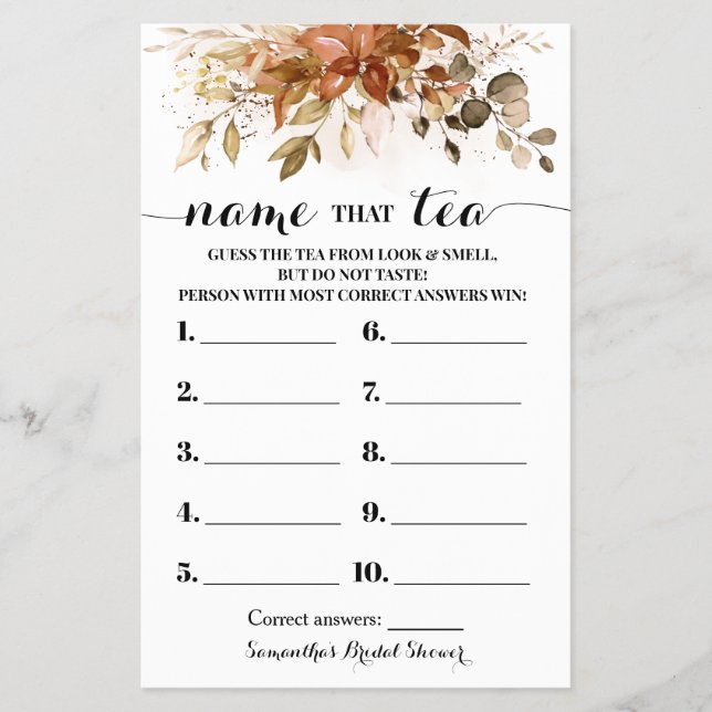 Namn som tea Autumn Eucalyptus Shower Game Card Flygblad (Framsidan)