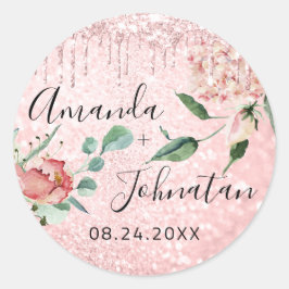 Namn Spara Datum Rosa Rosor Dropar Mint Glitter Runt Klistermärke