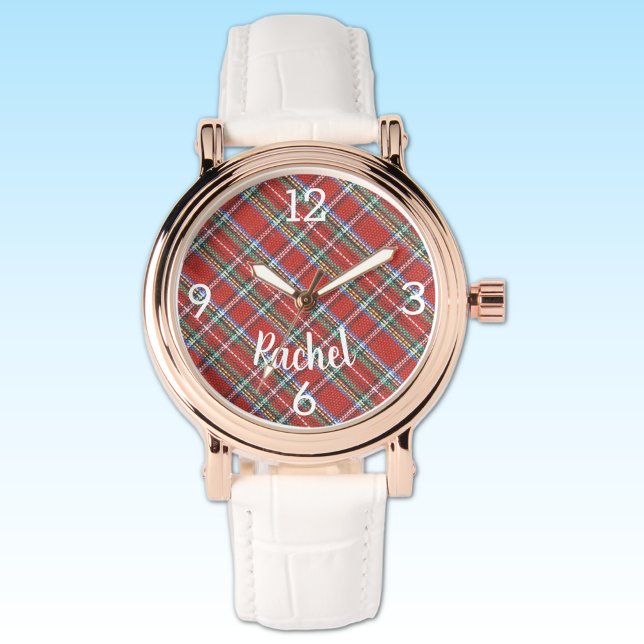 Namn, Stewart Tartan Play, vita läderkvinnor Armbandsur (Skapare uppladdad)