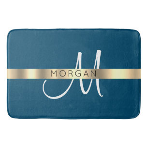 Namn & Stor Monogram, Ocean Blue Black Guld Badrumsmatta