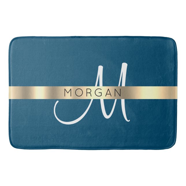Namn & Stor Monogram, Ocean Blue Black Guld Badrumsmatta (Framsidan)