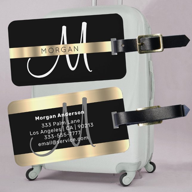 Namn & Stor Monogram, vit svart Guld Bagagebricka (Skapare uppladdad)