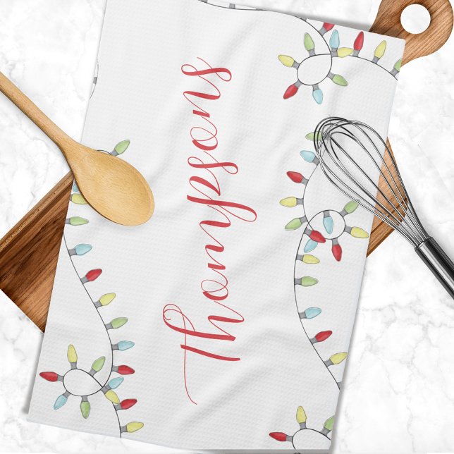 Namn String Ljus i julfamiljen Anpassningsbar Kökshandduk (Whimsical colorful Christmas string light kitchen towel)