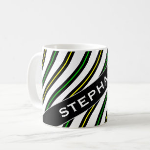 Namn + Svarten, gult & grönt vågigt linjermönst Kaffemugg