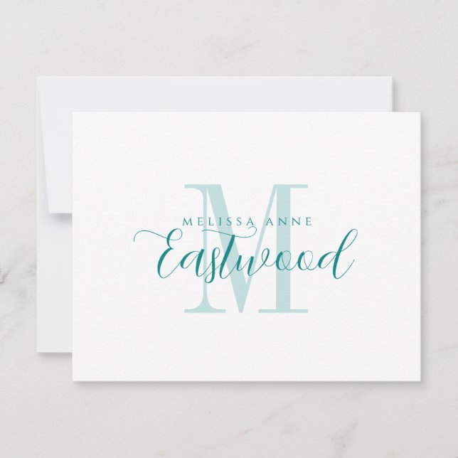 Namn Teal Monogram-platta anteckningskort för eleg (Framsida)