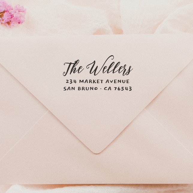 Namn & Typografi Adress i Whimsical Script-familje Självfärgande Stämpel (Rubber Stamp Mock-up)