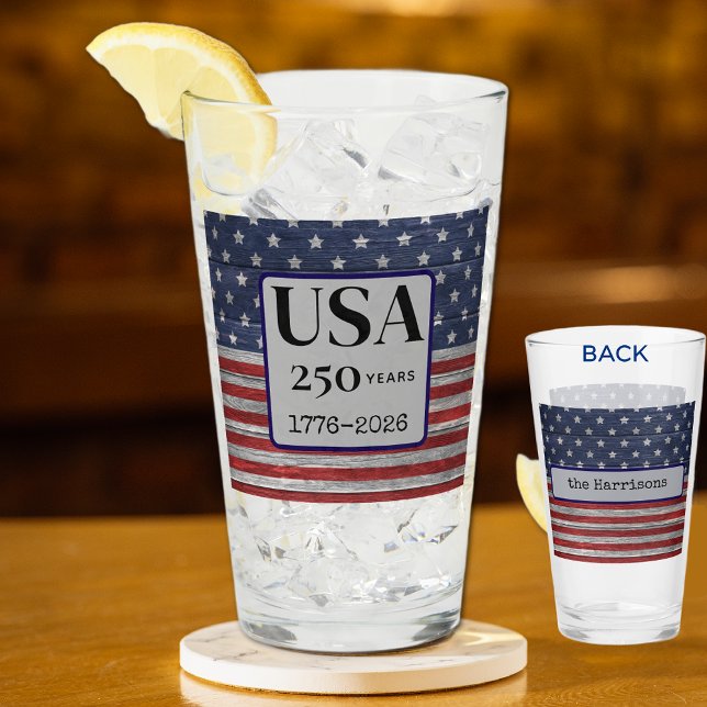 Namn USA 250 år 1776-2026 Röda Blåa Stjärnor Pint Glaskopp (Skapare uppladdad)