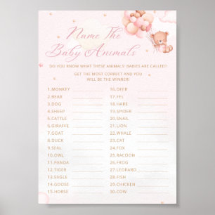 Namn vid baby djur boho nalle babydusch poster